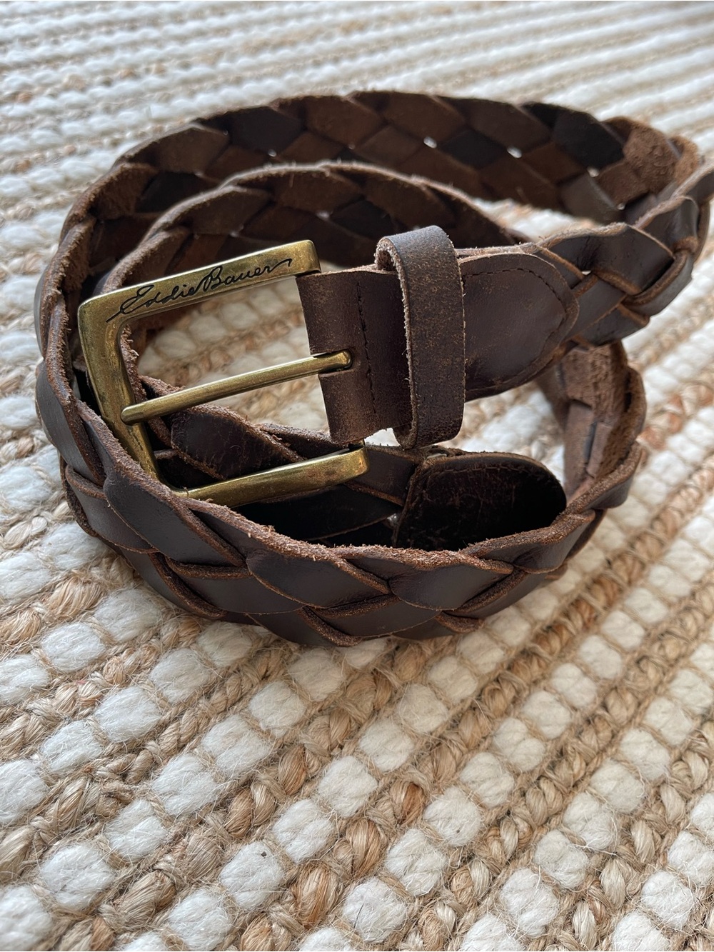 Eddie Bauer braided brown leather belt brass buckle logo Sz 36